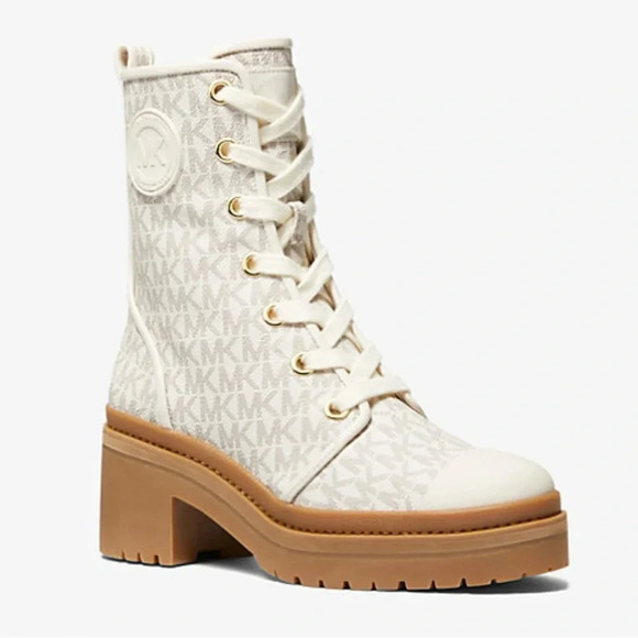Michael Kors Corey Logo Combat Boot cream & tan Womens size 7.5 Ankle Bootie - Picture 1 of 14